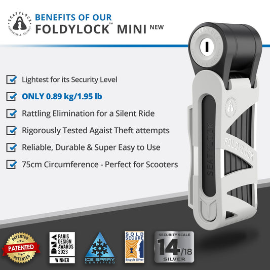 FoldyLock Mini Folding Bike Lock - Patented Lightweight Bicycle Lock - Heavy Duty Anti Theft Smart Secure Guard with Key and Case for Electric Scooter