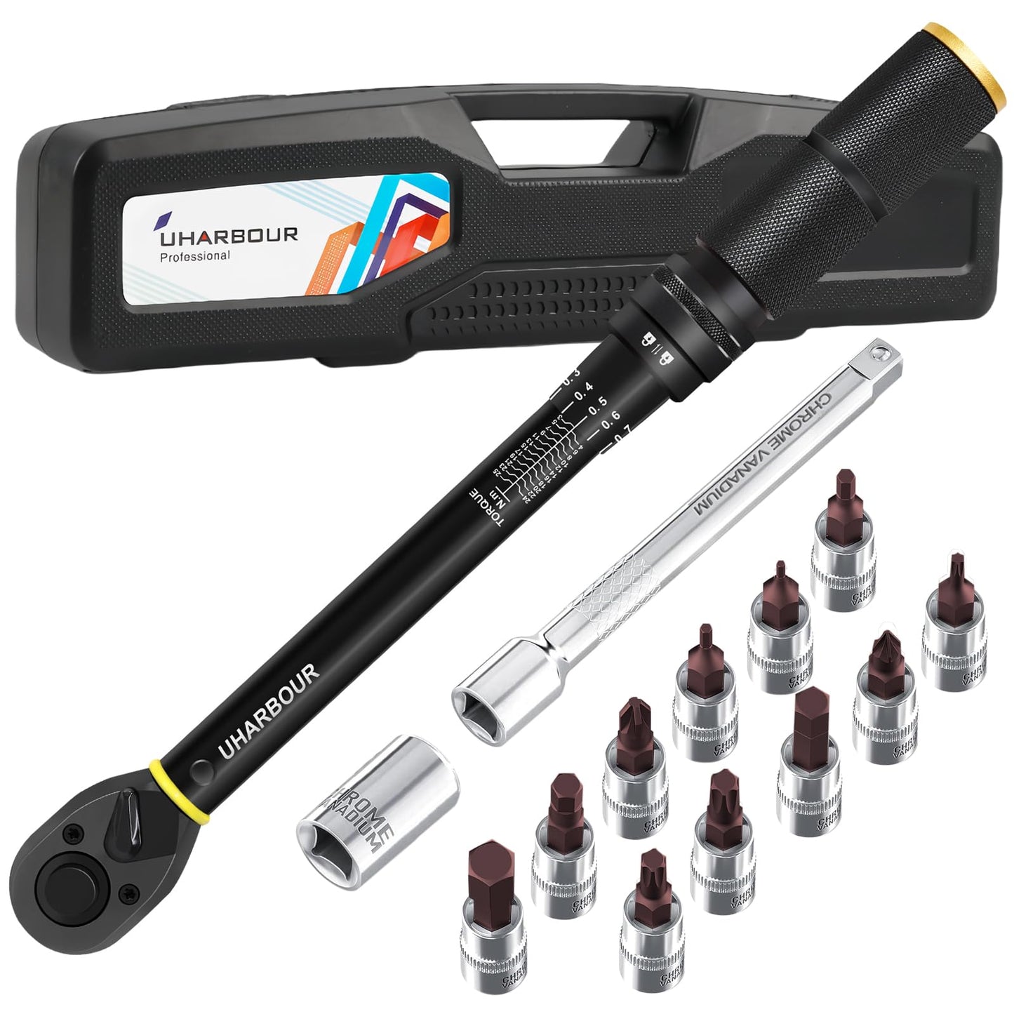 Uharbour 1/4 Torque Wrench Set 3-25Nm, 14PCS Small Bike Torque Wrench Set with Bits and Extension Rod for Bicycle, ?3% Accuracy with Unique Serial