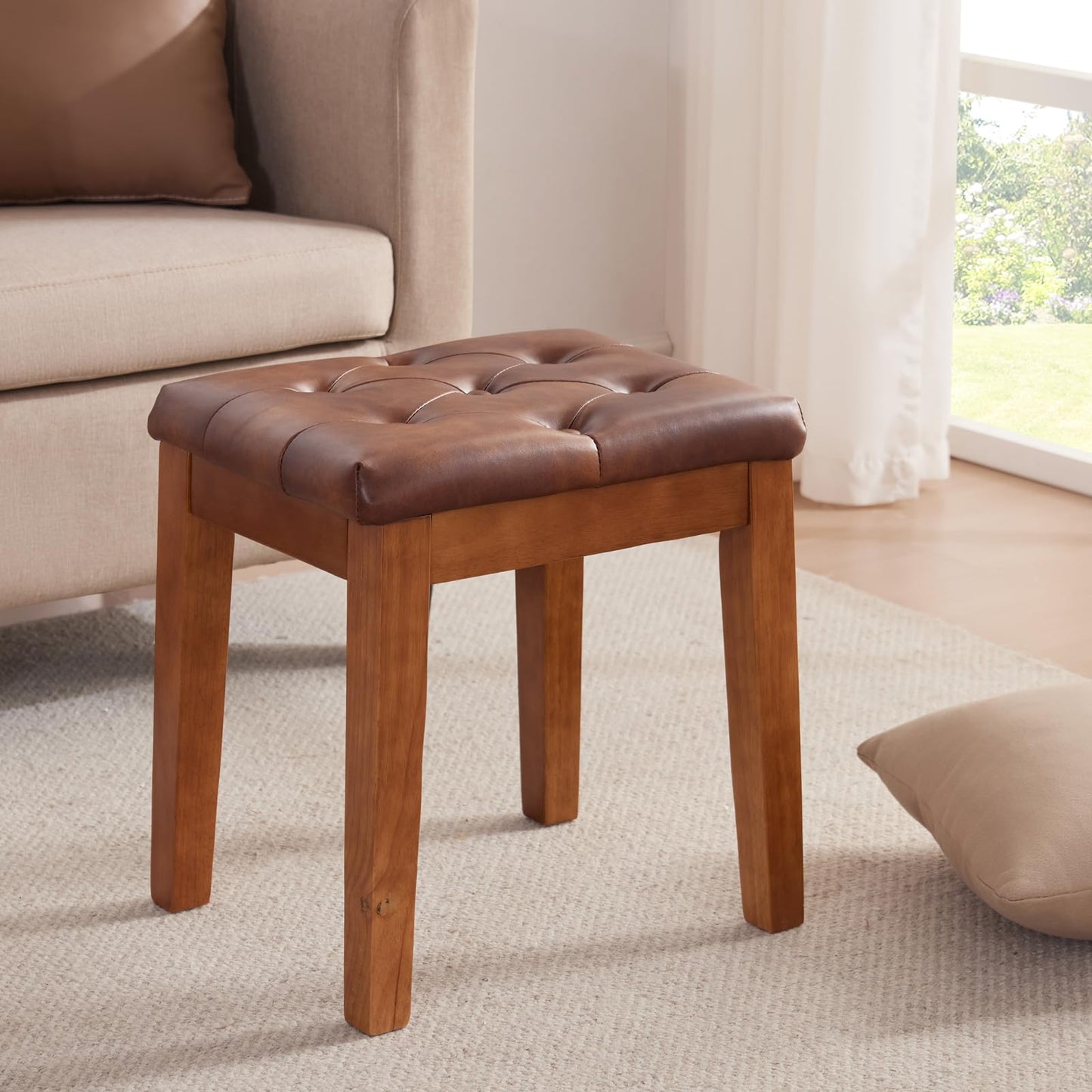 MILCIL Upholstered Ottoman Stool with Padded Seat, Tufted Vanity Stool with Solid Wood Legs, Accent Stool, Faux Leather Retro Brown