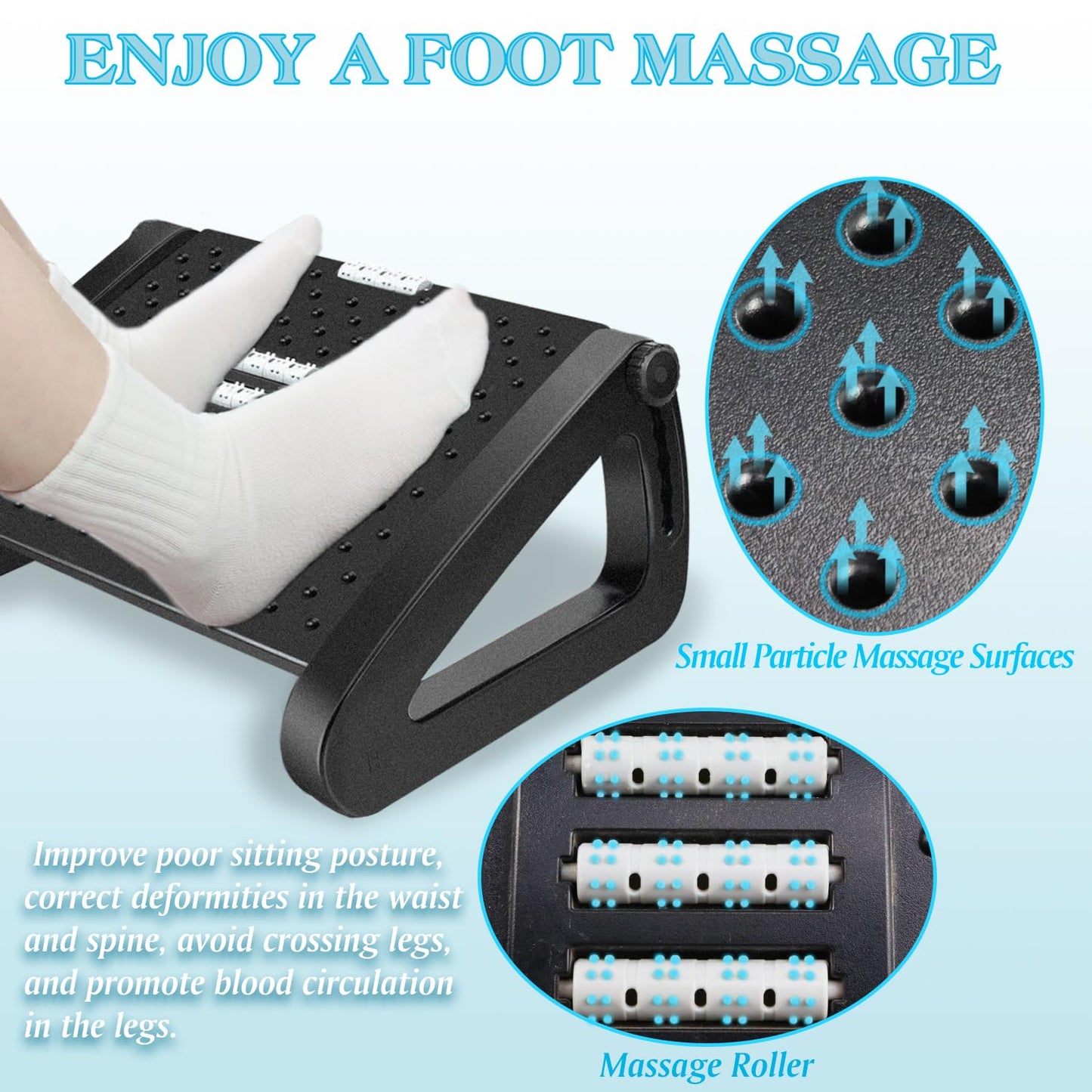 Qcdou Foot Rest Under Desk, Adjustable Office Foot Rest, Ergonomic Foot Stool with Roller Massager