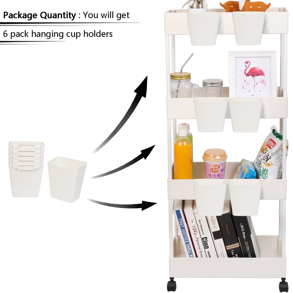 AYVANBER 6 Pack Hanging Cup Holder for Rolling cart Accessories Hooks Little Hanging Buckets Hanging Storage Bins Craft Supplies for Rolling Utility