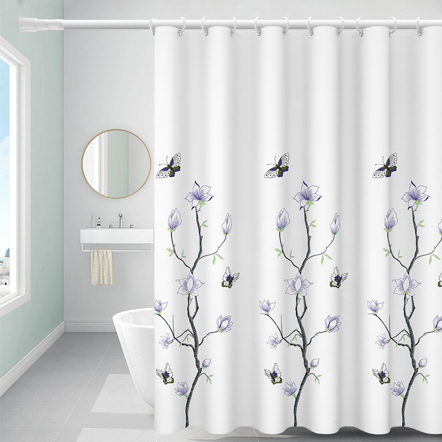 FSZhenZuan Shower Curtain 180 x 200 cm Drop Water Repellent Anti Mould Wet Room Shower Curtain with Hooks Washable Polyester Fabric Flowers Butterfly