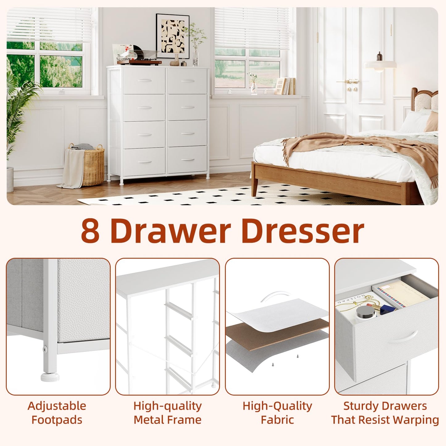 CAIYUN 8 Drawer Dresser, Tall Fabric Chest of Drawers with Wooden Top & Sturdy Metal Frame, Vertical Storage Cabinet for Bedroom, Closet, Nursery