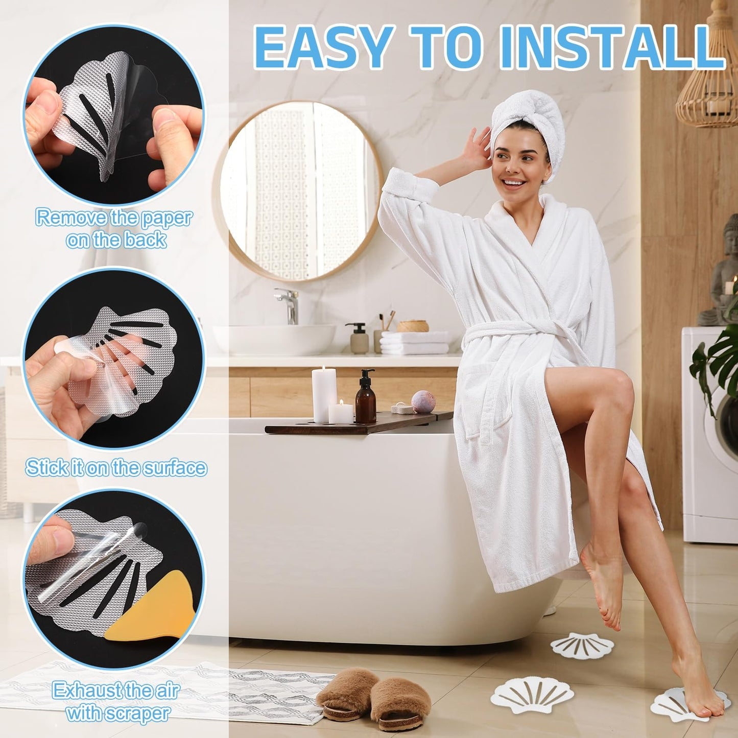 sourcing map 12Pcs Non-Slip Bathtub Stickers, 9x7 cm Shell Shape Shower Floor Non Slip Stickers with Scraper for Bathroom Shower Stairs Ladders, Clear