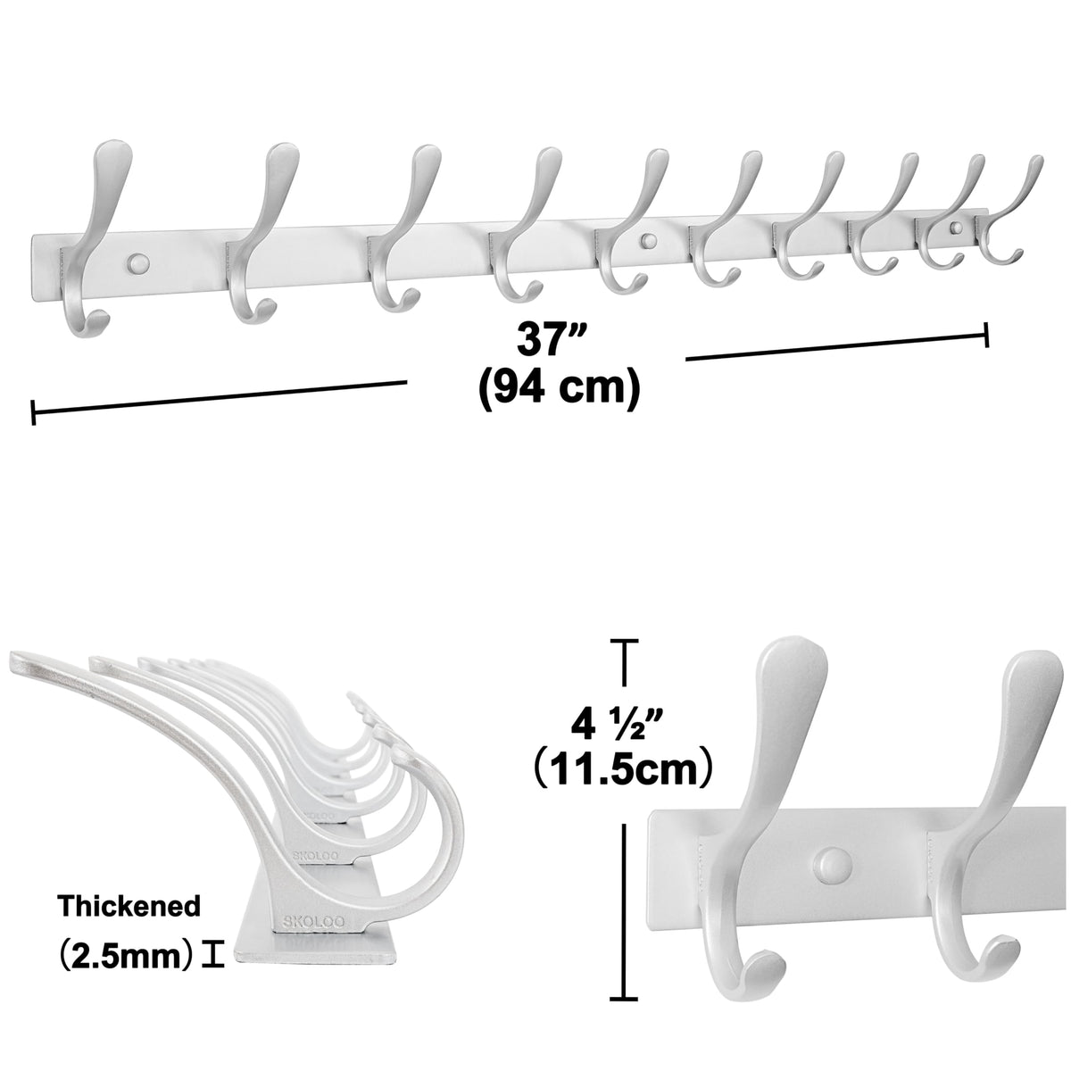 SKOLOO Wall Mounted Coat Rack - 10 Hooks, Heavy Duty, Stainless Steel, Metal Wall Hangers, Sturdy Coat Hooks for Hanging Coats, Jacket, Clothes, Hat