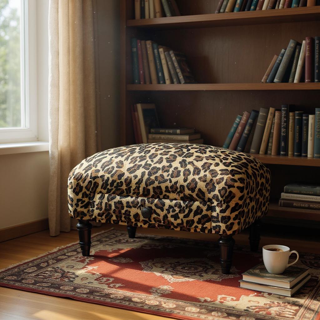 AcaciaHome Stylish & Durable Tapestry Deluxe Upholstered Ottoman Footstool with Drawer - Solid wood Lounge Padded Removable Legs Stool for Home, Bedroom, Living Space or Office (Leopard Fabric)
