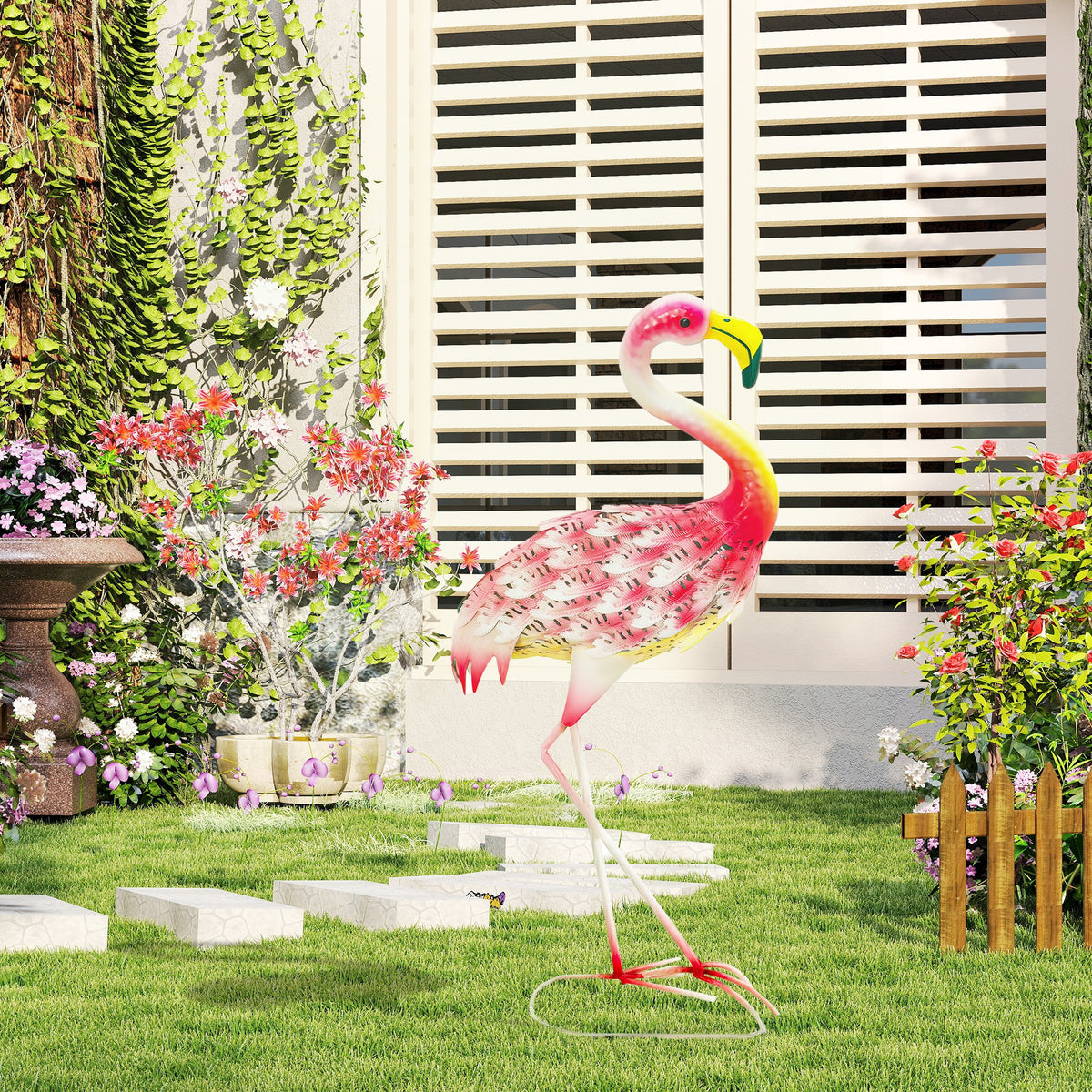 Outsunny Flamingo Garden Statue Ornament, Metal Bird Art Outdoor Statue, Standing Garden Sculpture Gift with Ground Stakes for Pond Landscape Decoration, Pink