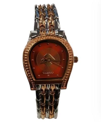 Clasico Ladies Bling Water Resistant Red Dial 2 Tone Metal Strap Bracelet Watch