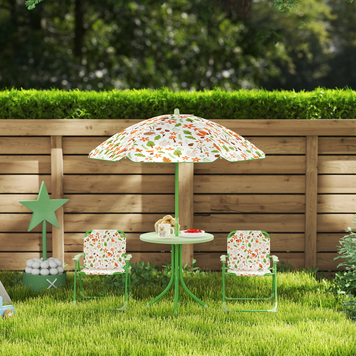 AIYAPLAY 4-Piece Kids Garden Table and Chair Set with Adjustable Parasol, Folding Chairs, Table, Nature Pattern, Green