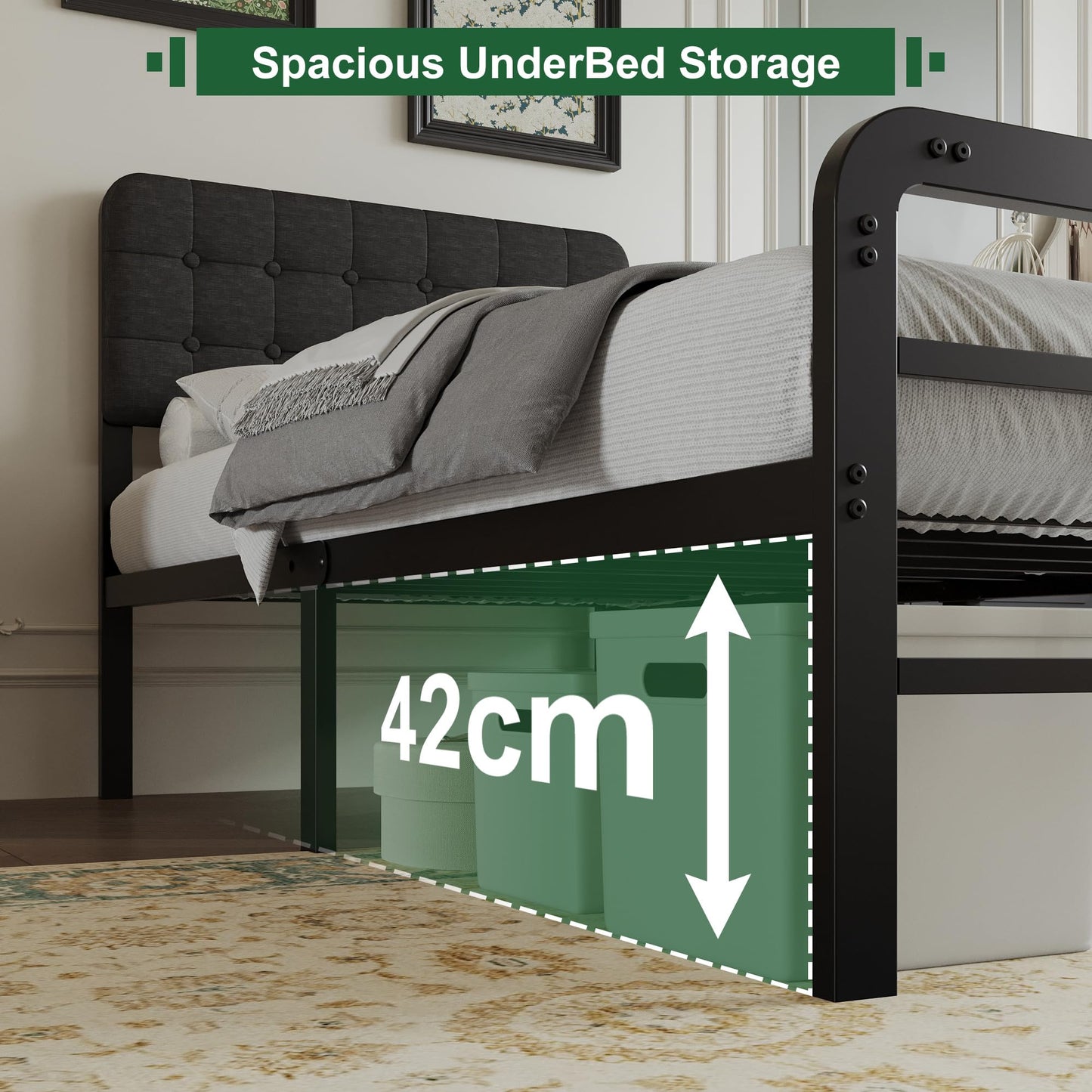 EMODA Small Single Bed Frame with Upholstered Headboard and Footboard