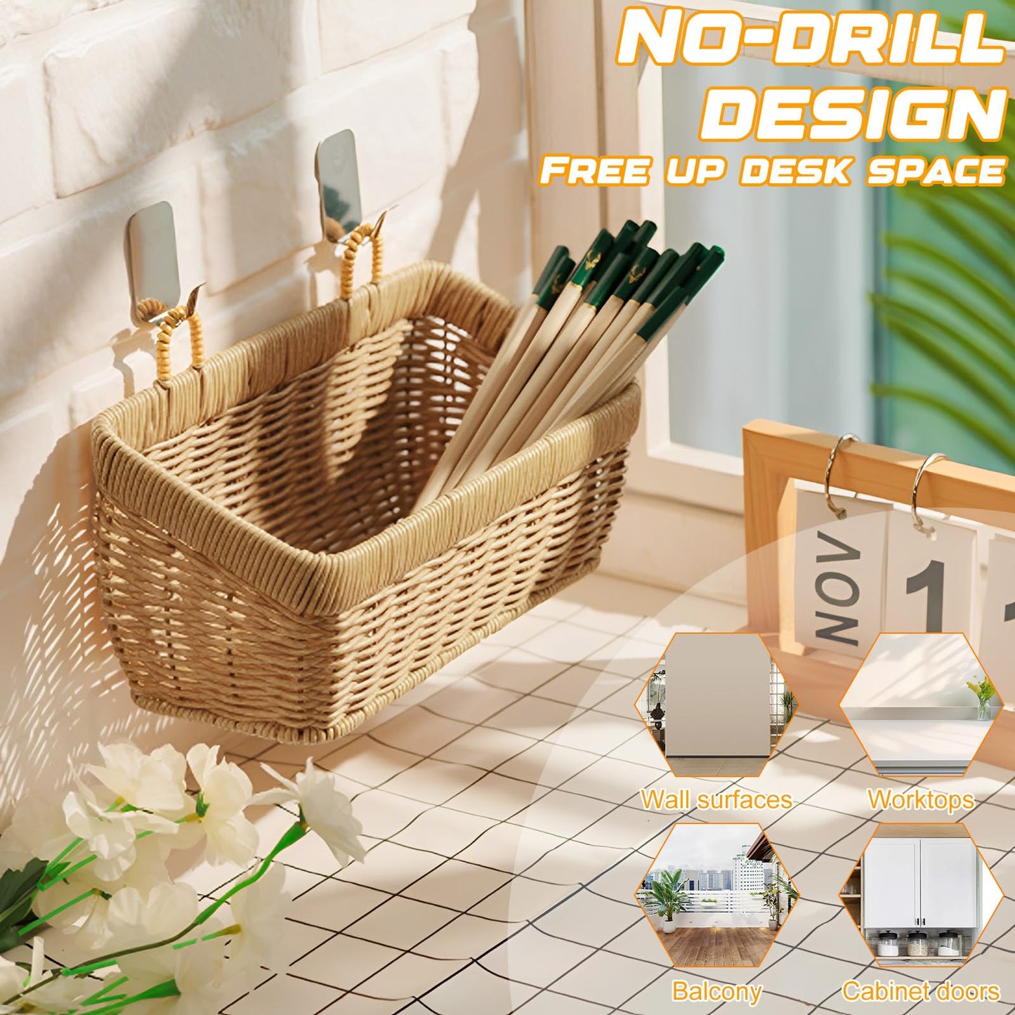 2 Pack Hanging Wall Baskets, Wicker Effect Plastic Rattan Woven Storage Baskets, Wall Mounted Organiser for Kitchen Onion Garlic