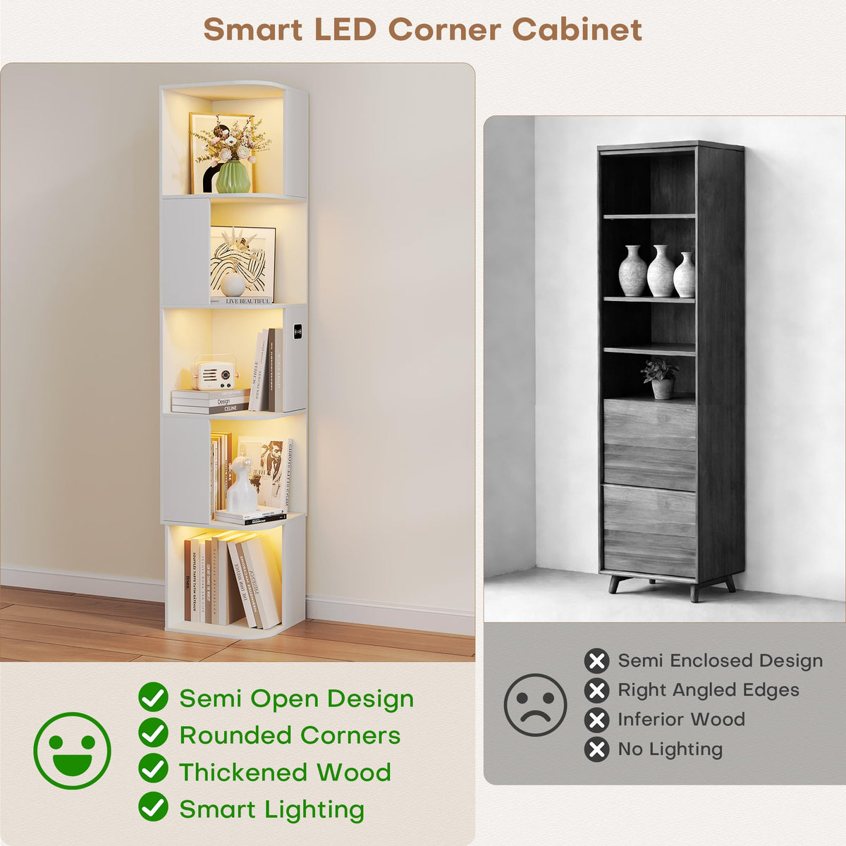 64.8 " Corner Wood Bookcase with Body Sensor LED for Home Office,White