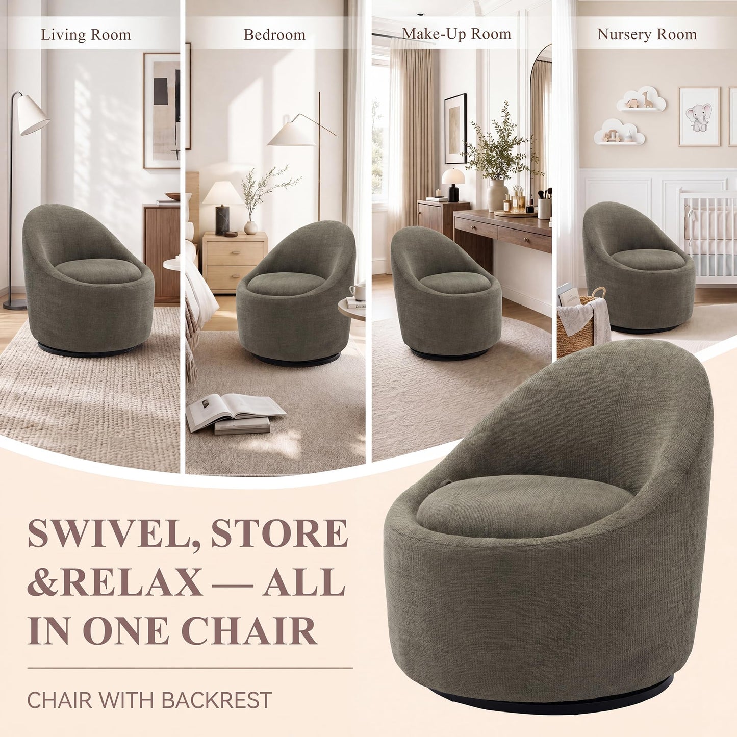 Barrel Swivel Accent Chair with Hidden Storage, 360° Rotating Lounge Chair, Upholstered Breathable Fabric, High Density Foam Seat