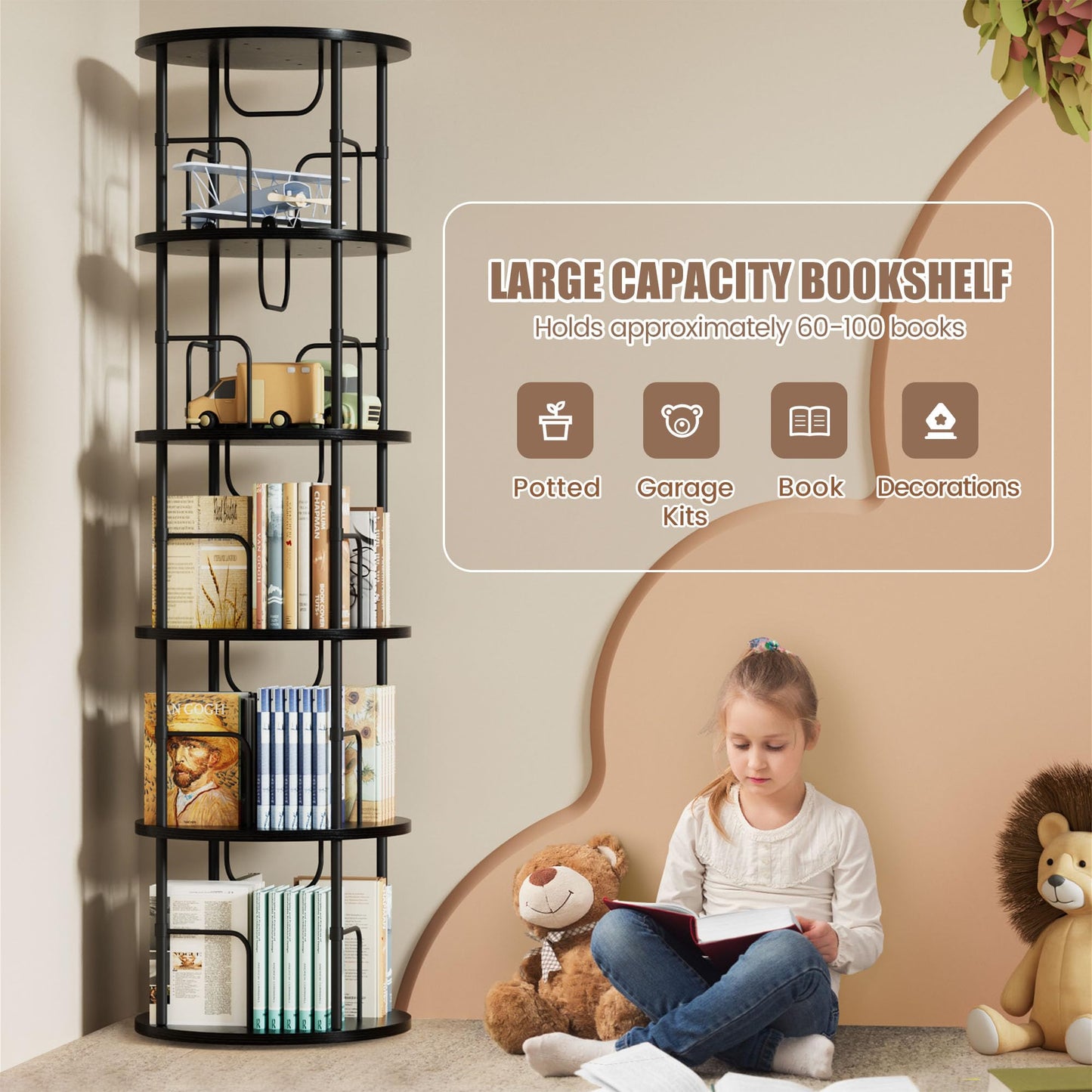 OCTORO 5 Tier Rotating Bookshelf, 360° Corner Bookshelf Tower, Round Revolving Bookcase with Adjustable Levels, Spinning Book Shelf for Home Office