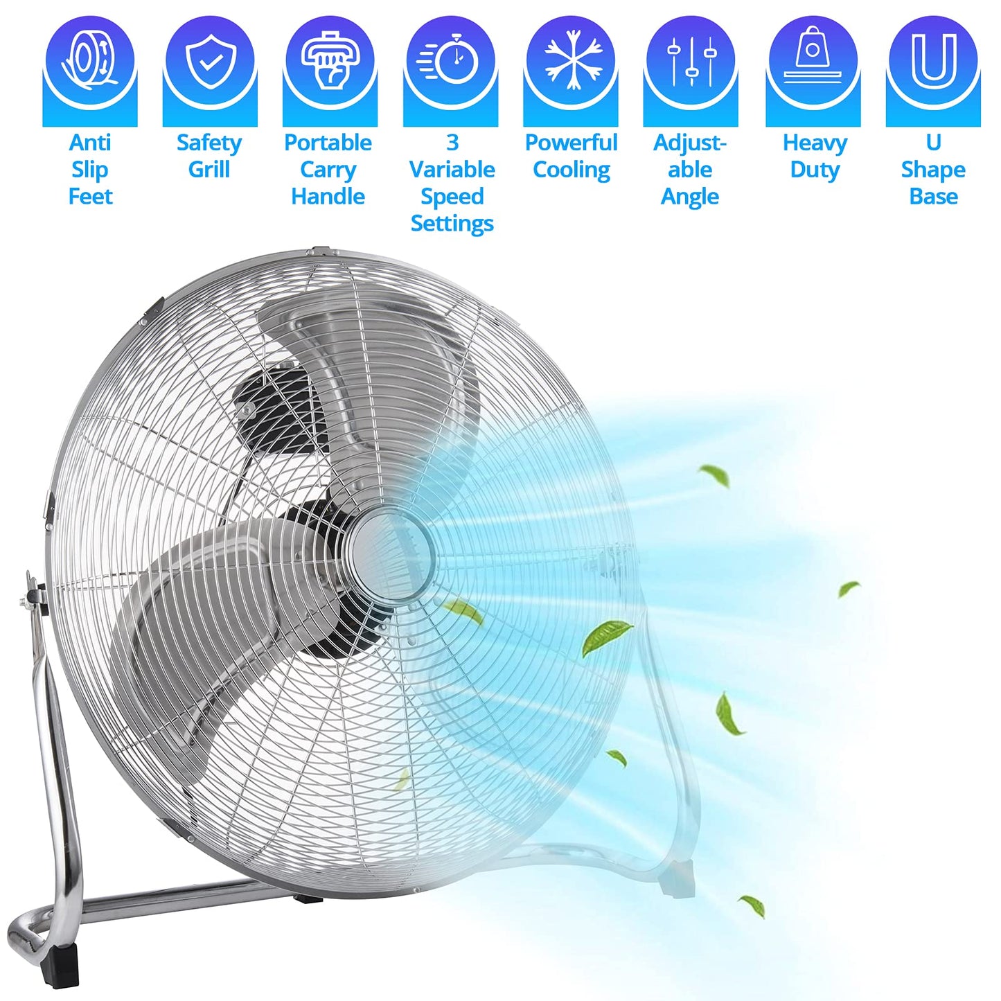 Senelux Floor Fan - Chrome Gym Fan - Electric Portable Cooling Fan for Home/Gym/Office Use - 3 Speed Settings with Tilting Feature - High Velocity