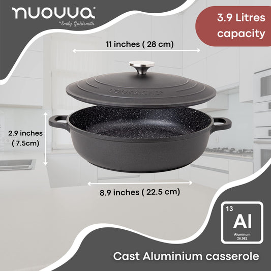 Non-Stick Aluminium Pot with Lid Sturdy Shallow Dutch Oven Casserole Pot with Ergonomic Handles 3.9L, 28cm Oven Safe Cooking Pot by Nuovva