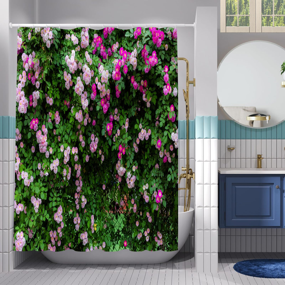 Simpomsy Outdoor 3D Floral Shower Curtain - Pink Garden Scenery Waterproof With Hooks 180x180cm