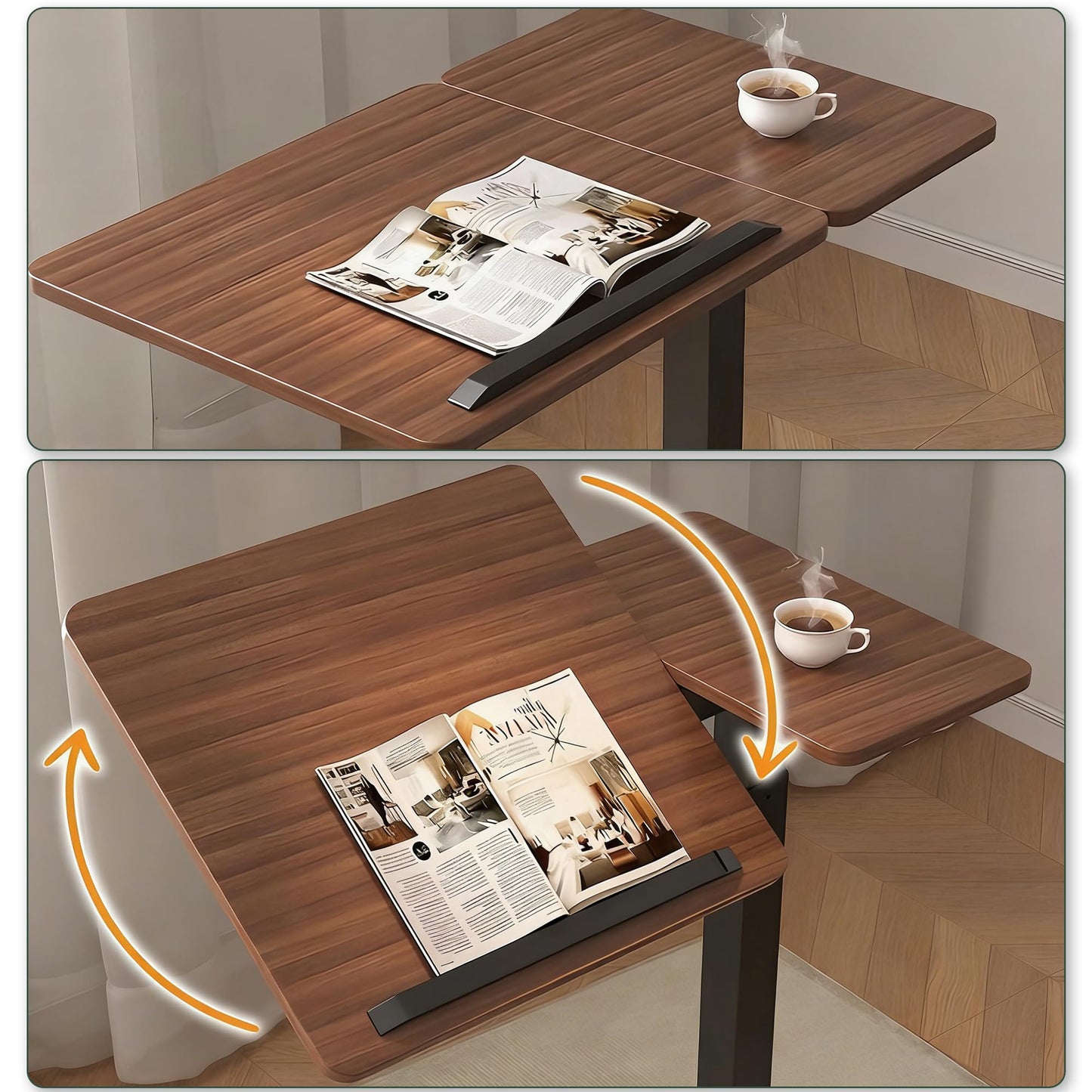 YunMeoCool C Shaped Side Table Adjustable Height with Hidden Wheels, Dual Pneumatic Lift & Tilt Top, (60x40cm) Mobile Overbed Table That Slide Under