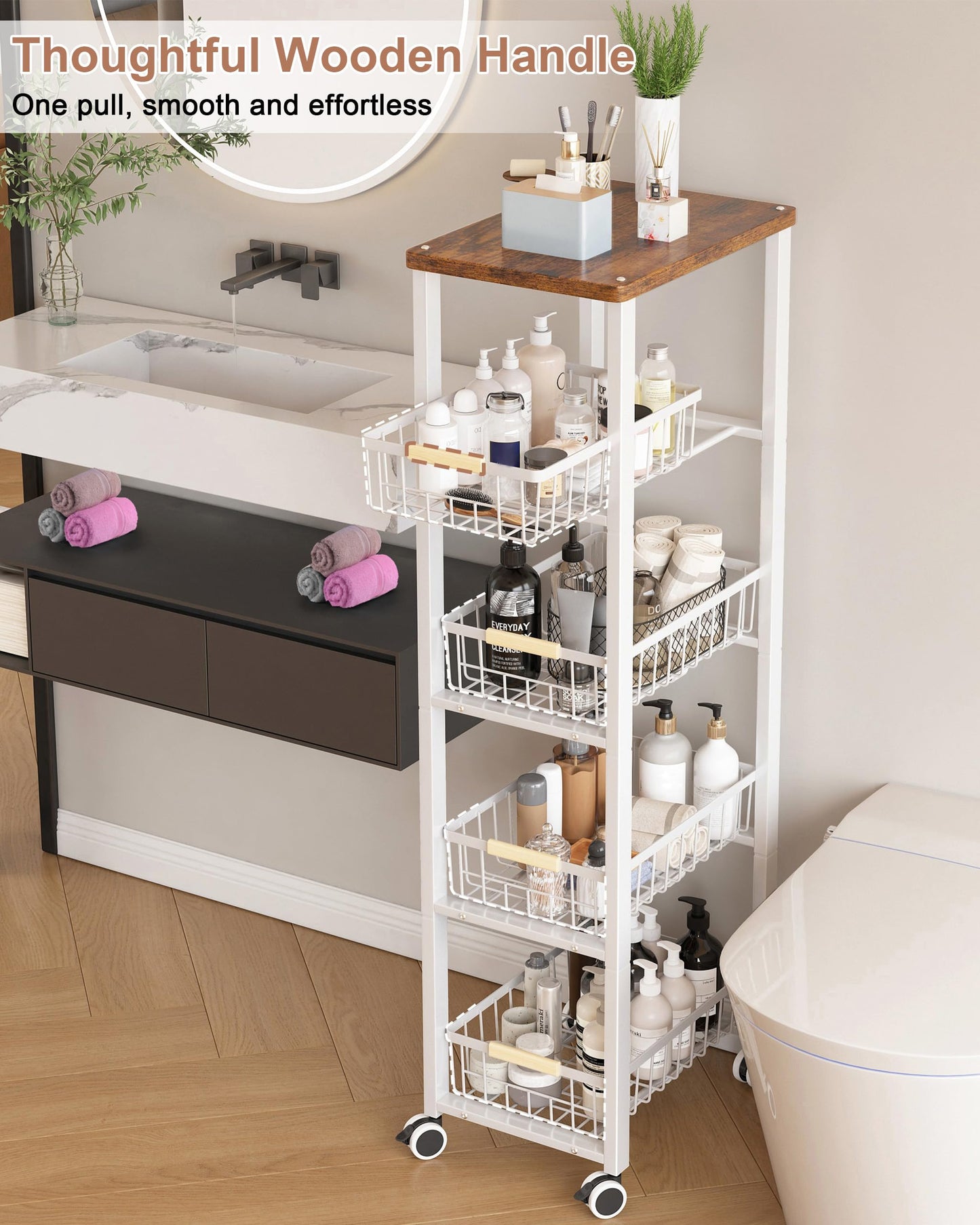 Ornestia 5-tier Vegetable Rack with Wooden Top for Kitchen Storage(White