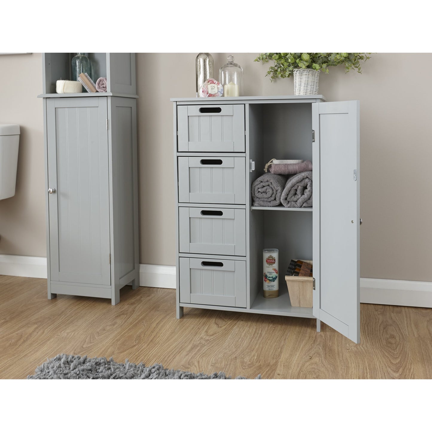 Home Source Colonial 4 Drawer 1 Door Chest of Drawers Multi Storage Tong & Groove - Grey