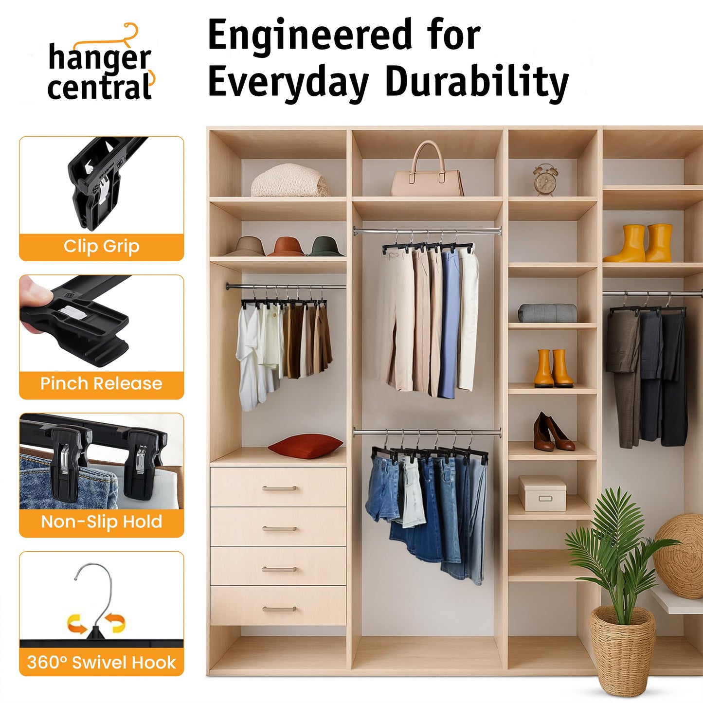 Hanger Central 30 Pack Space Saving Heavy Duty Slim Plastic Trouser Hangers Ribbed Non-Slip with Clamp Clips 360 Swivel Chrome Swivel Hook 10/12/14