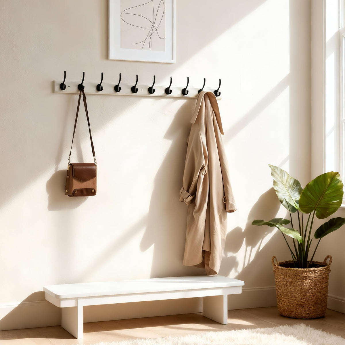 WEBI Coat Rack Wall Mounted,10 Hooks,97cm Long Wall Coat Hanger,Coat Hooks Wall Mounted for Hanging Coats,Clothes,Jacket,Black on White
