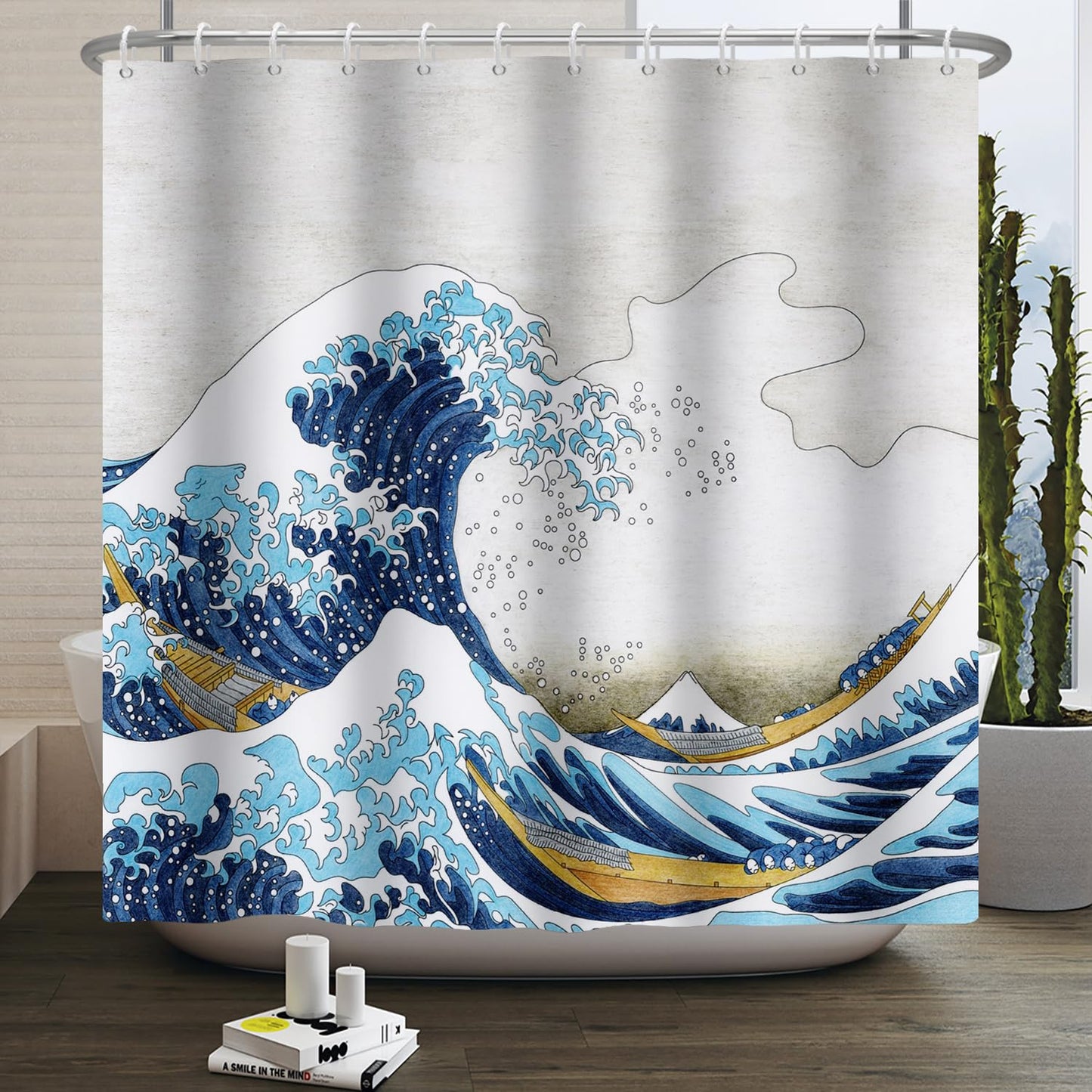 Kzzfqxb 180x200cm Shower Curtains with Plastic Hooks, Japanese Style Ukiyoe Art Hokusai Boats in The Great Wave Waterproof Polyester Fabric for