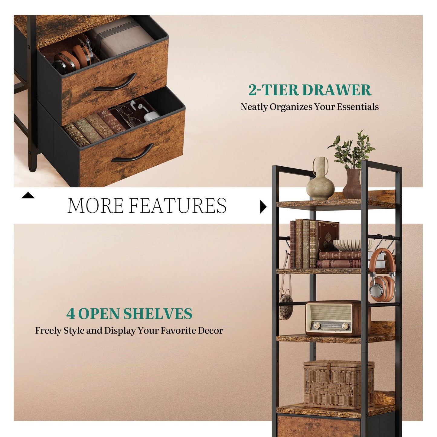 YITAHOME Industrial Bookshelf, 4-Tier Bookcase with Adjustable Shelves & 2 Fabric Drawers