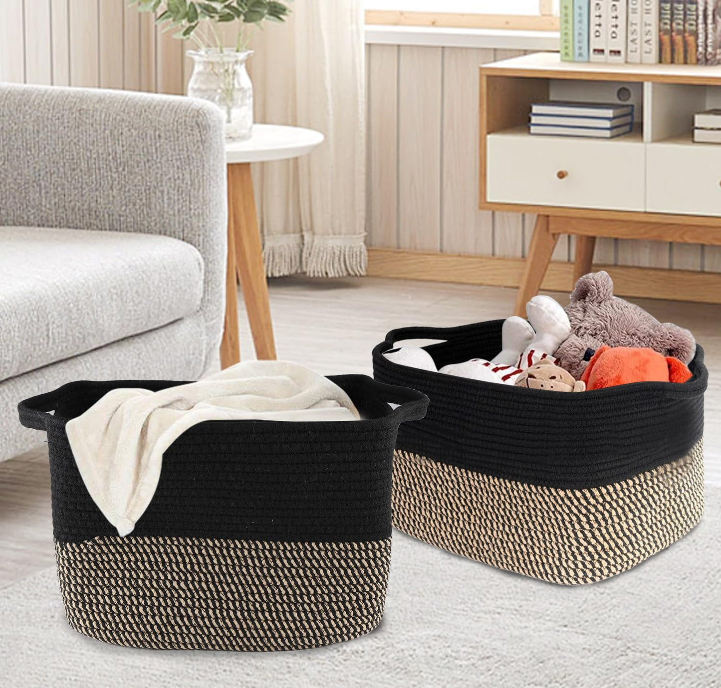 Gzsekken 2 Pack Woven Storage Baskets Rope Storage Baskets Two Tone Cotton Rope Baskets with Handle,Laundry Organiser Nursery Decor Laundry Hamper