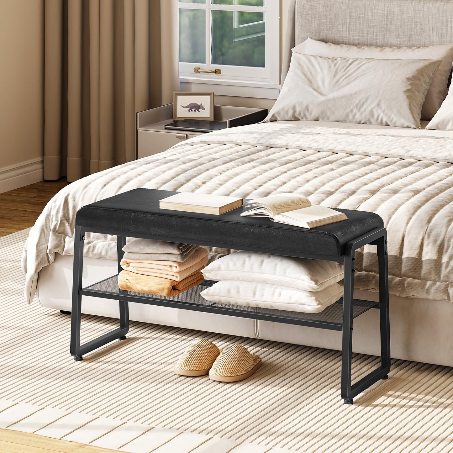 HOOBRO 2-Tier Shoe Storage Bench with Upholstered Seat, for Hallway