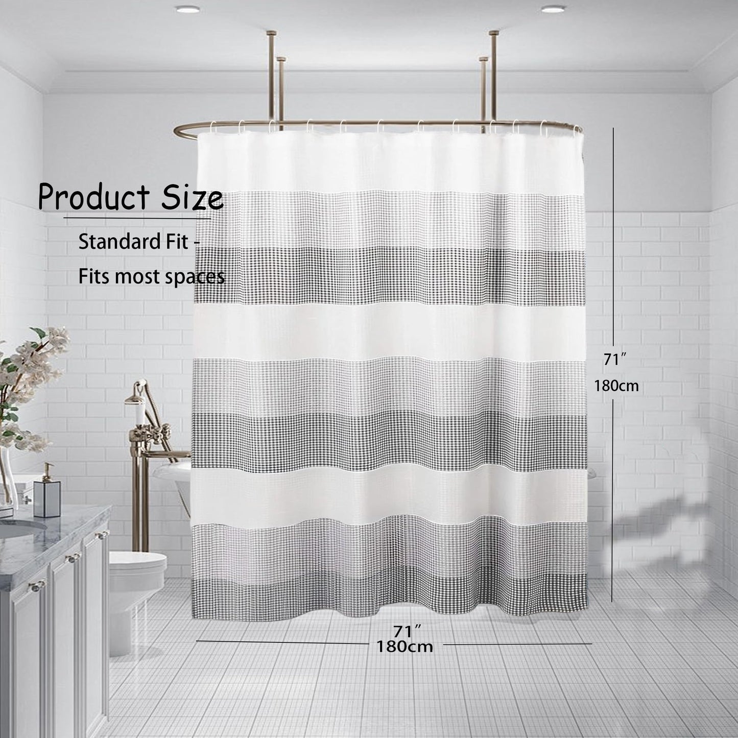 maifey Shower Curtain for Bathroom, Waffle Fabric Heavy Duty Waterproof Wet Room Grey Shower Curtains Heavy Duty Bath anti-fouling with 12 Hooks 180