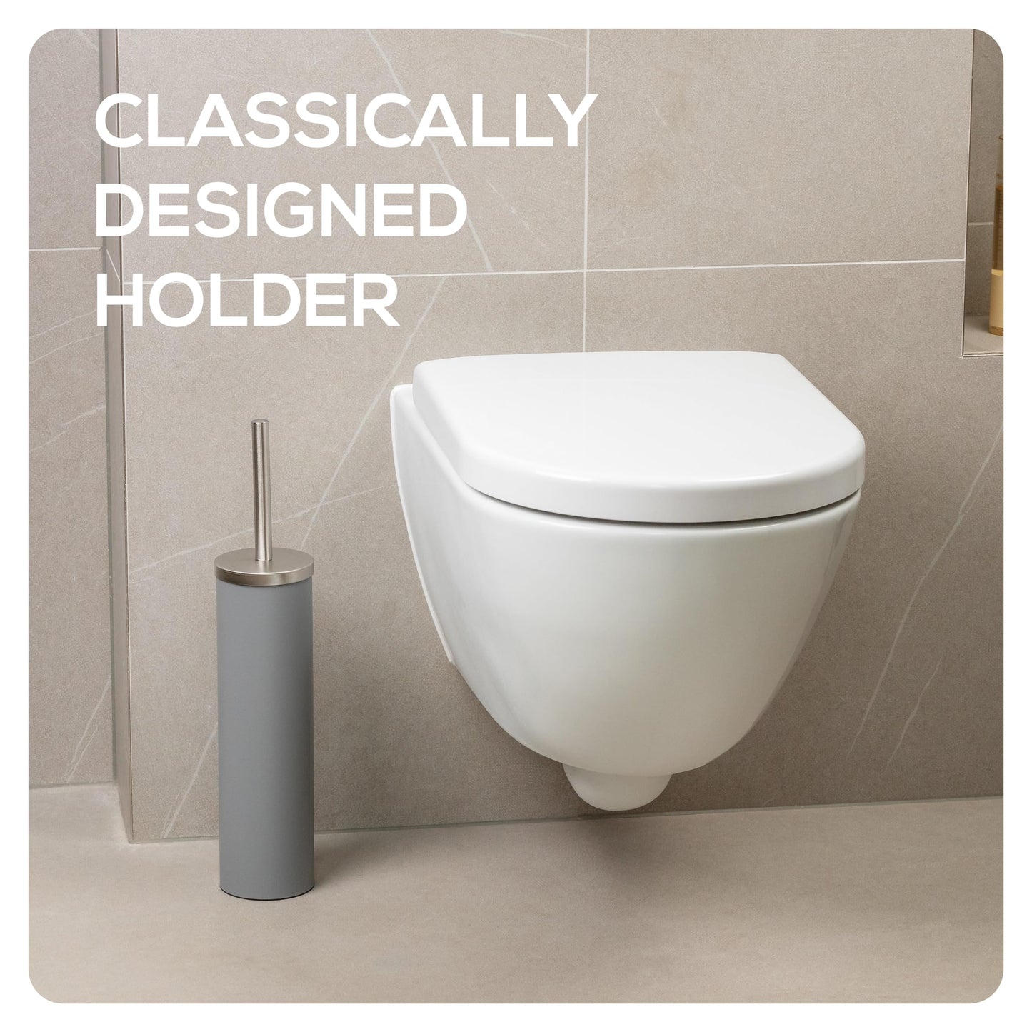 EPISTAR Silicone Toilet Brush & Holder Set - Stainless Steel - Replacement Heads Available - 45cm Tall - Toilet Brush Silicone with Long Handle (Grey)