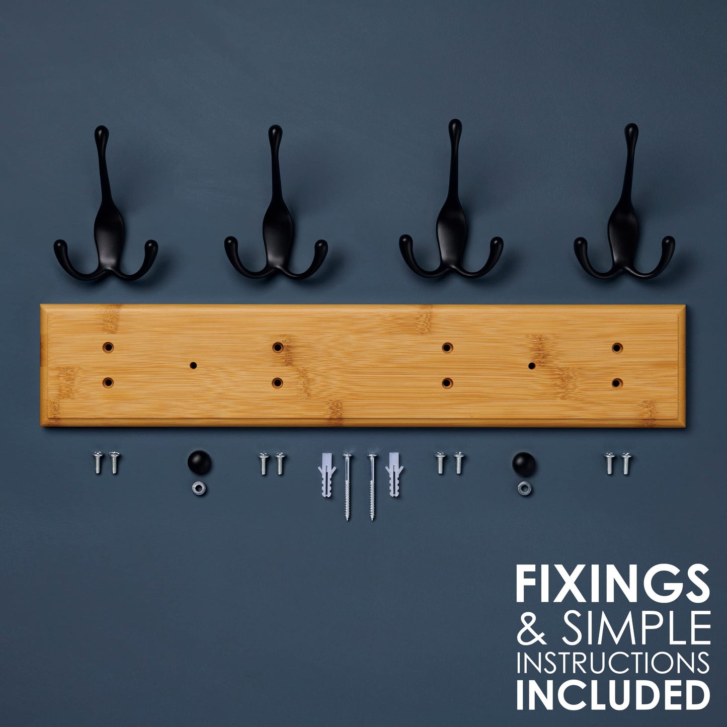 LARHN Wooden Wall-Mounted Coat Rack - 4 Black Coat Hooks, 42cm