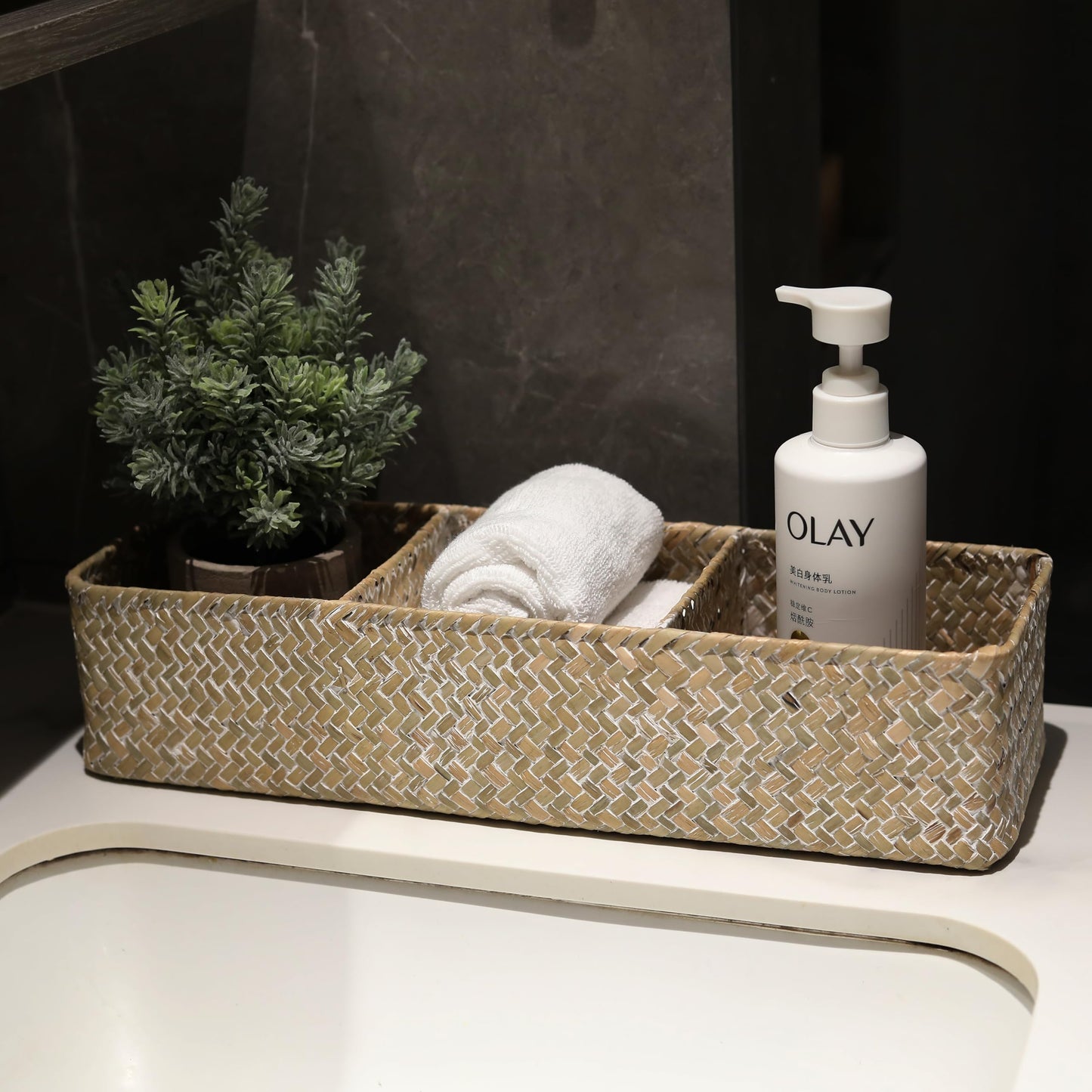 Seagrass Storage Basket with 3 Sections Woven Shelf Baskets for Organizing (Whitewash, 37cm x 12cm x 8cm)