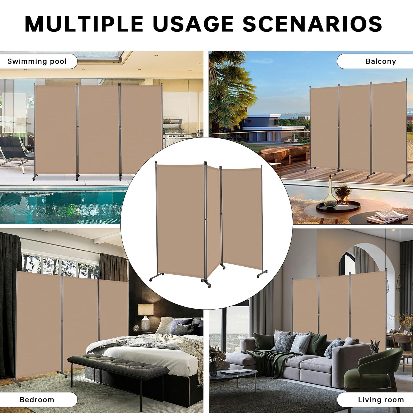 Angel Living 3 Panels Folding Room Divider, Privacy Screen Composed of Polyester Fabric and Sturdy Iron Frame
