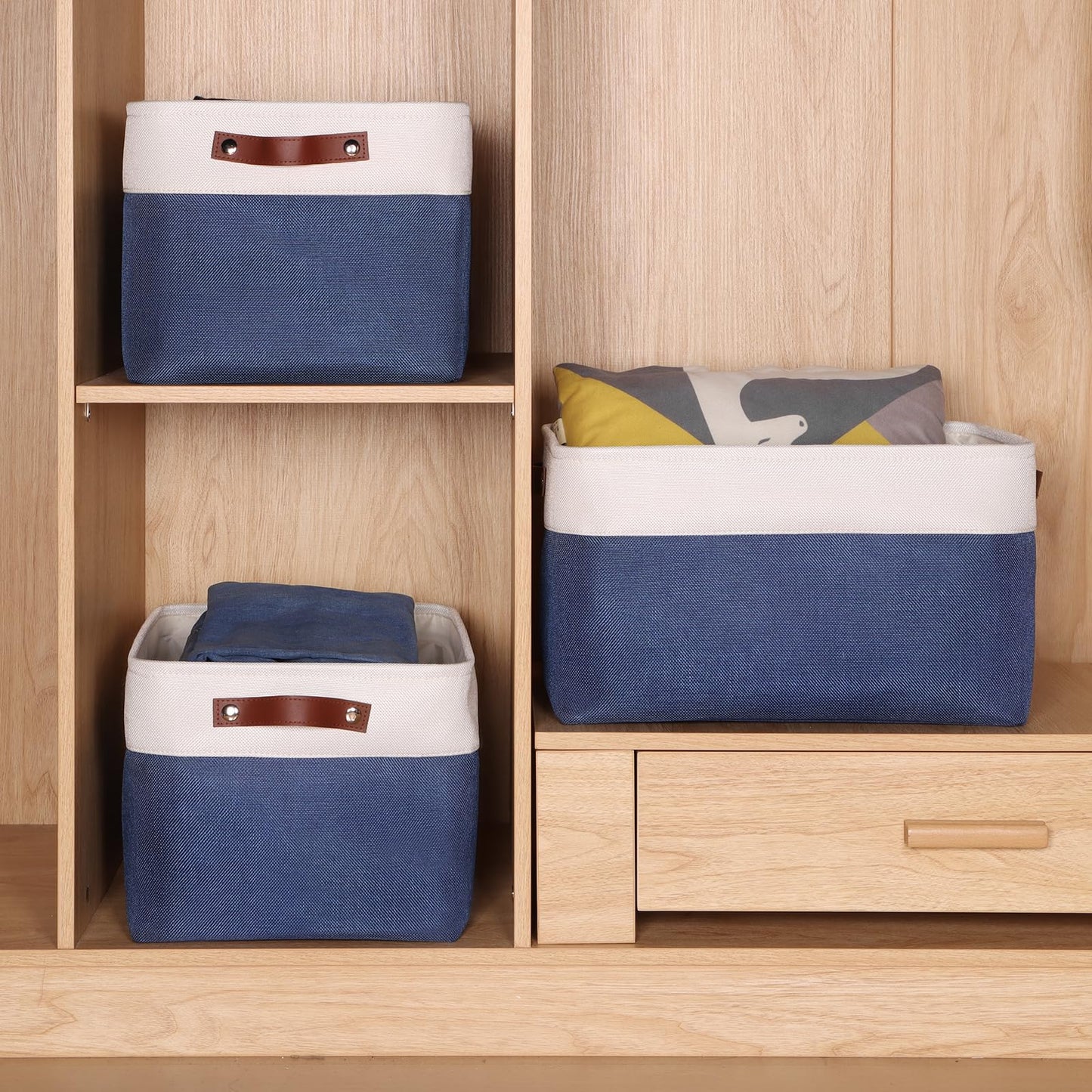 Syeeiex Large Storage Baskets for Shelves with Leather Handle,