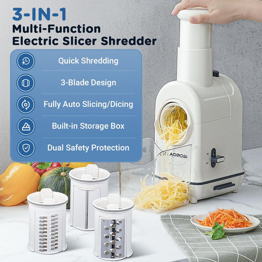 AOBOSI Electric Cheese Grater, Electric Graters for Kitchen with Large Chute for Whole Carrot Cheese Potato Slicer, 3 in 1 Vegetable Slicer with 3