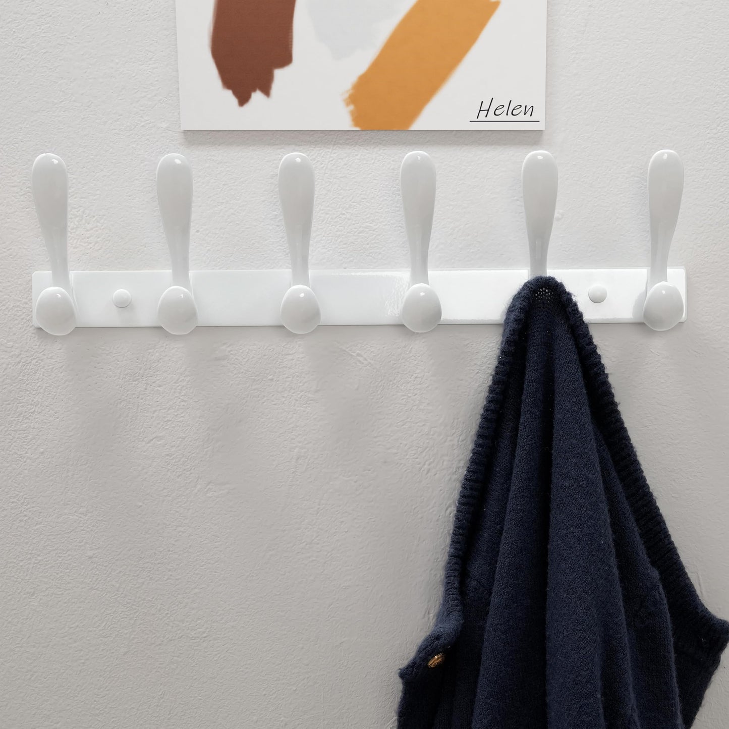 HONSKY 44cm Wall Mounted Coat Rack with 6 Doube Metal Hooks, White
