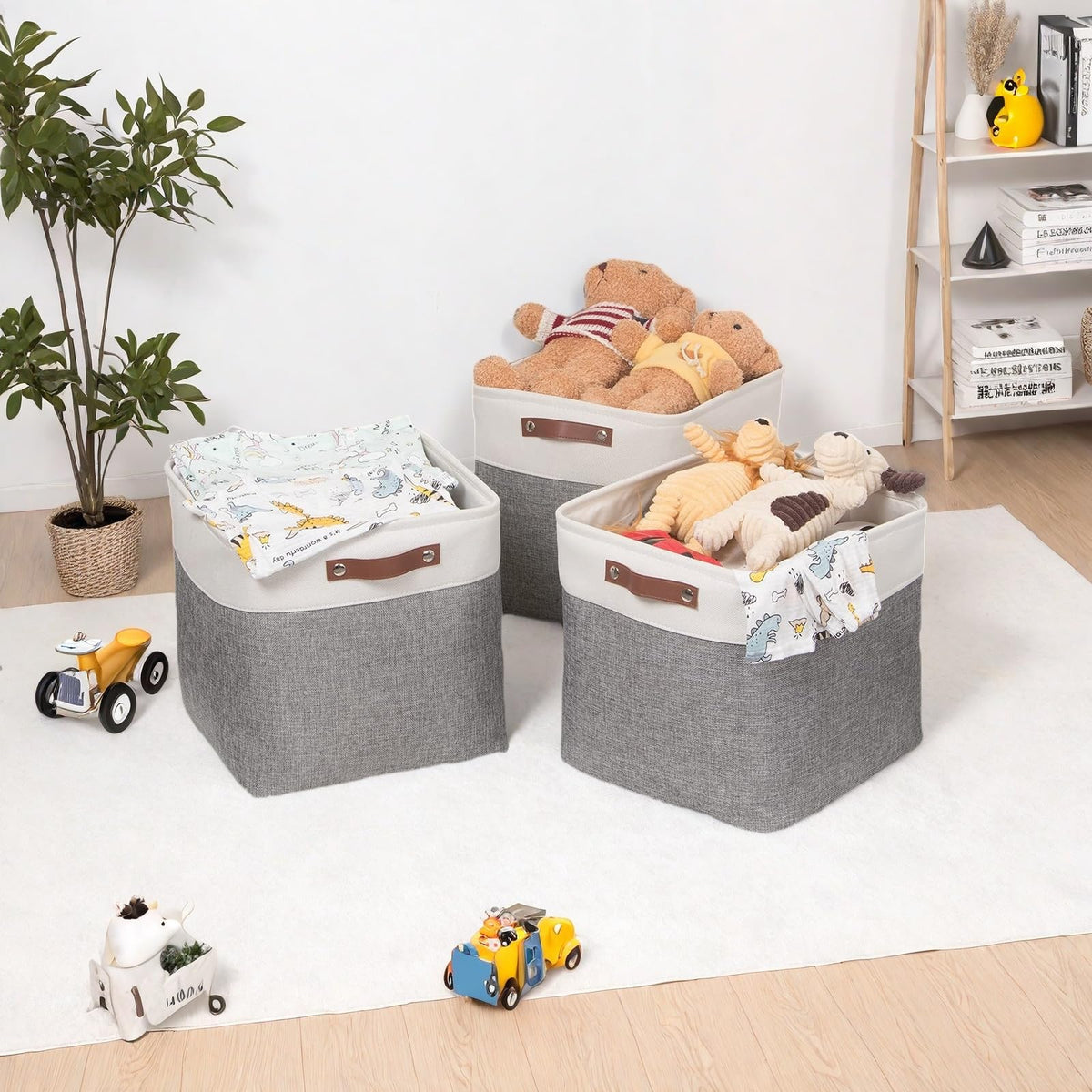 VIIHTYISA Fabric Storage Box, 3-Piece Set 33x38x33cm Cube Storage Boxes with Faux Leather Handle for Cube Shelves, Closet, Wardrobes | Grey & White