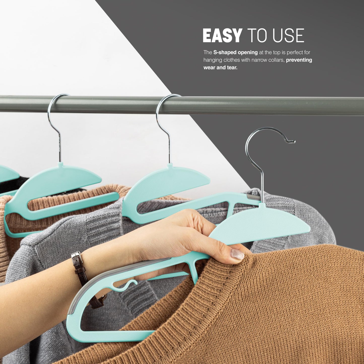 KEPLIN 50-Pack Non-Slip Hangers – Durable, Slimline Design for Space Saving with 360° Swivel, Tie Organiser, Strap Hooks, and S-Shape Opening - Teal