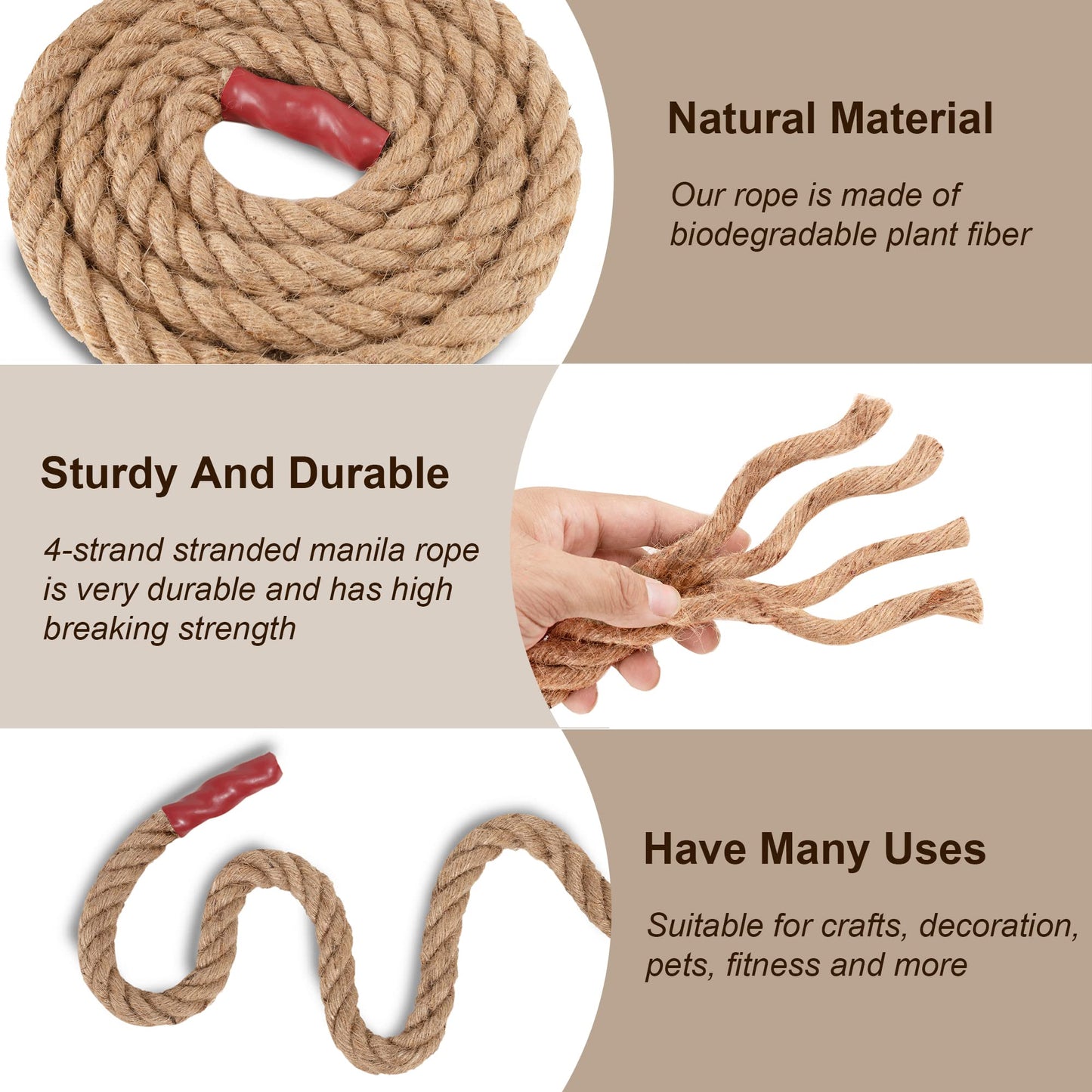 EMEKIAN 30mm Natural Thick Jute Rope, 15M Twisted 4 Strand Fiber Hemp Rope, Strong Jute Twine String for Gardening, Craft, Bundling, Camping,