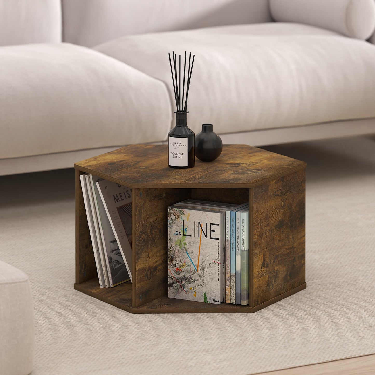 Furinno SIMPLE DESIGN Coffee Table, Hexagon Modern Coffee Table with Open Shelf, Vertical or Horizontal Side Table, for Living Room, Bedroom