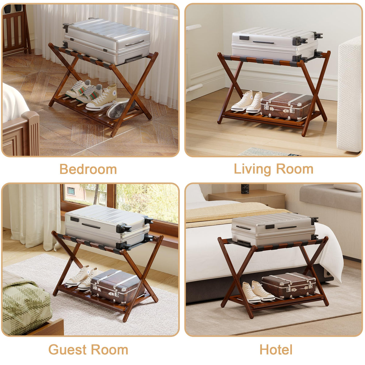 BAMBOOHOMIE Full Assembled Luggage Rack, Bamboo Luggage Holder Rack for Guest Room