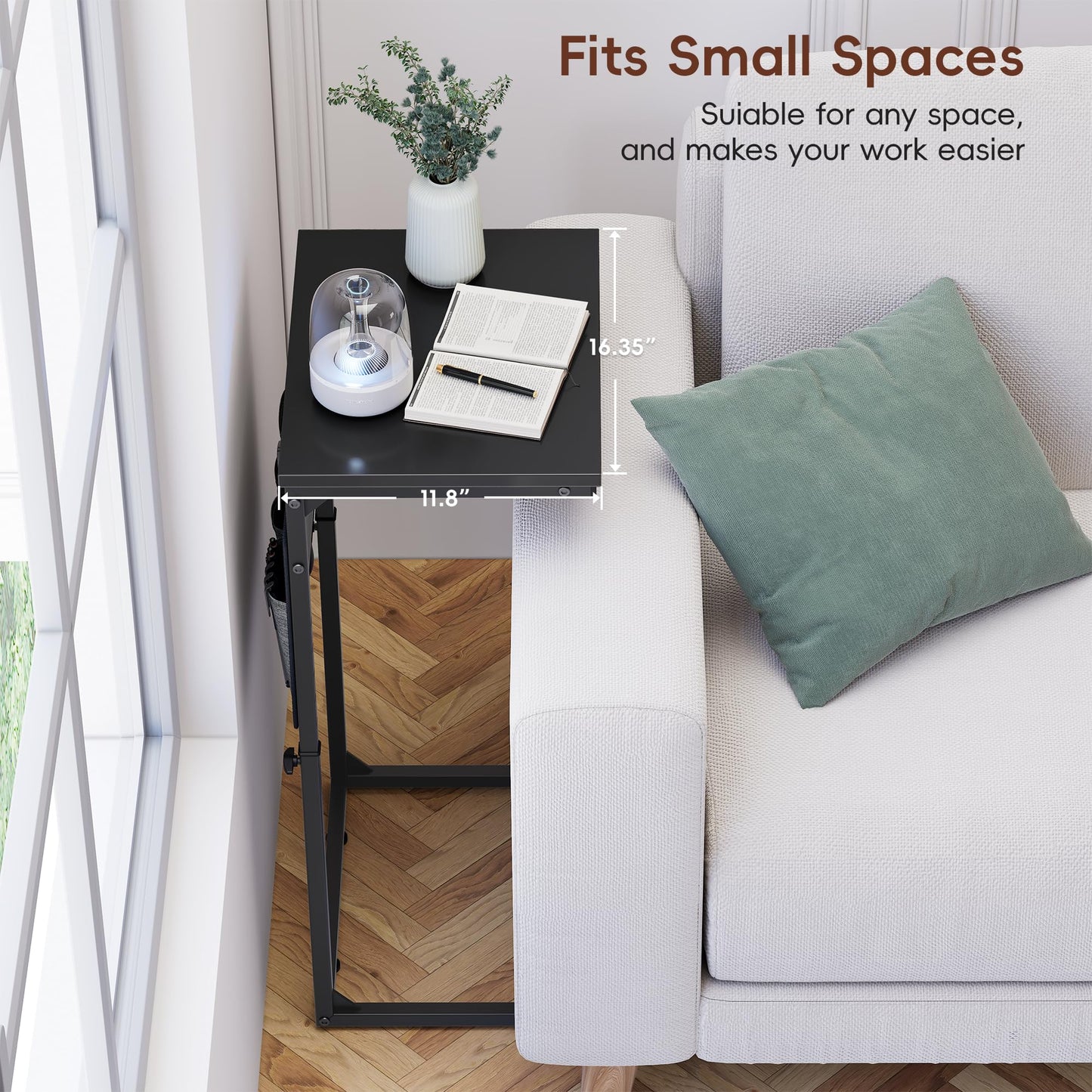 Vagusicc C-Shaped Side Table with Charging Station, Height Adjustable Sofa Side Table, Bedside Table, End Table for Small Spaces