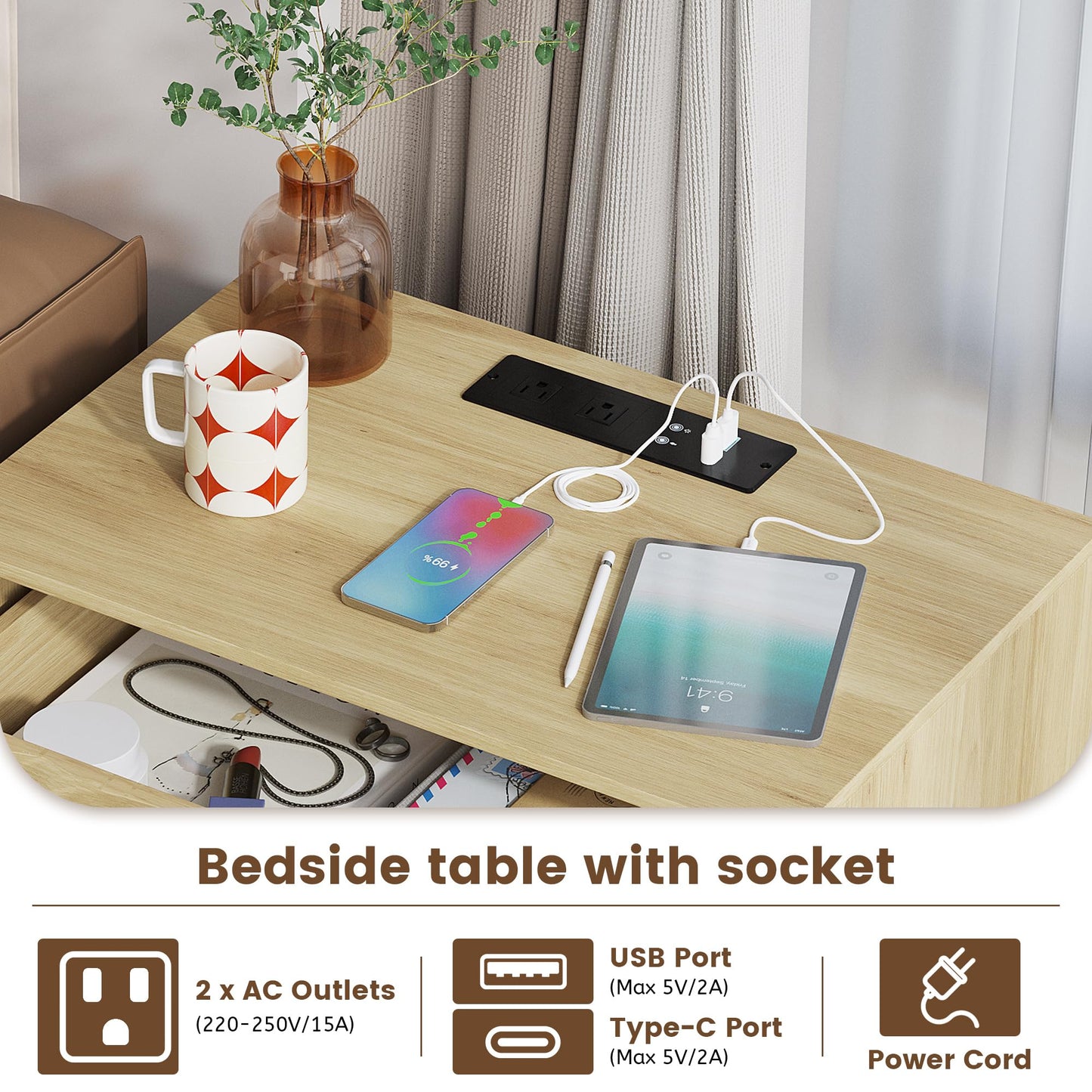 Ripple Led Bedside Table with Charging Station and Human Body Sensor,Nature