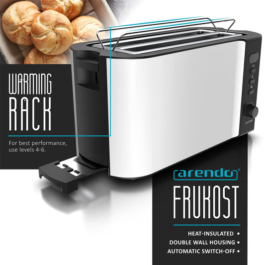 arendo - Frukost 4 slice long slot toaster - double wall housing with warming rack 6 browning settings auto bread centring reheat defrost