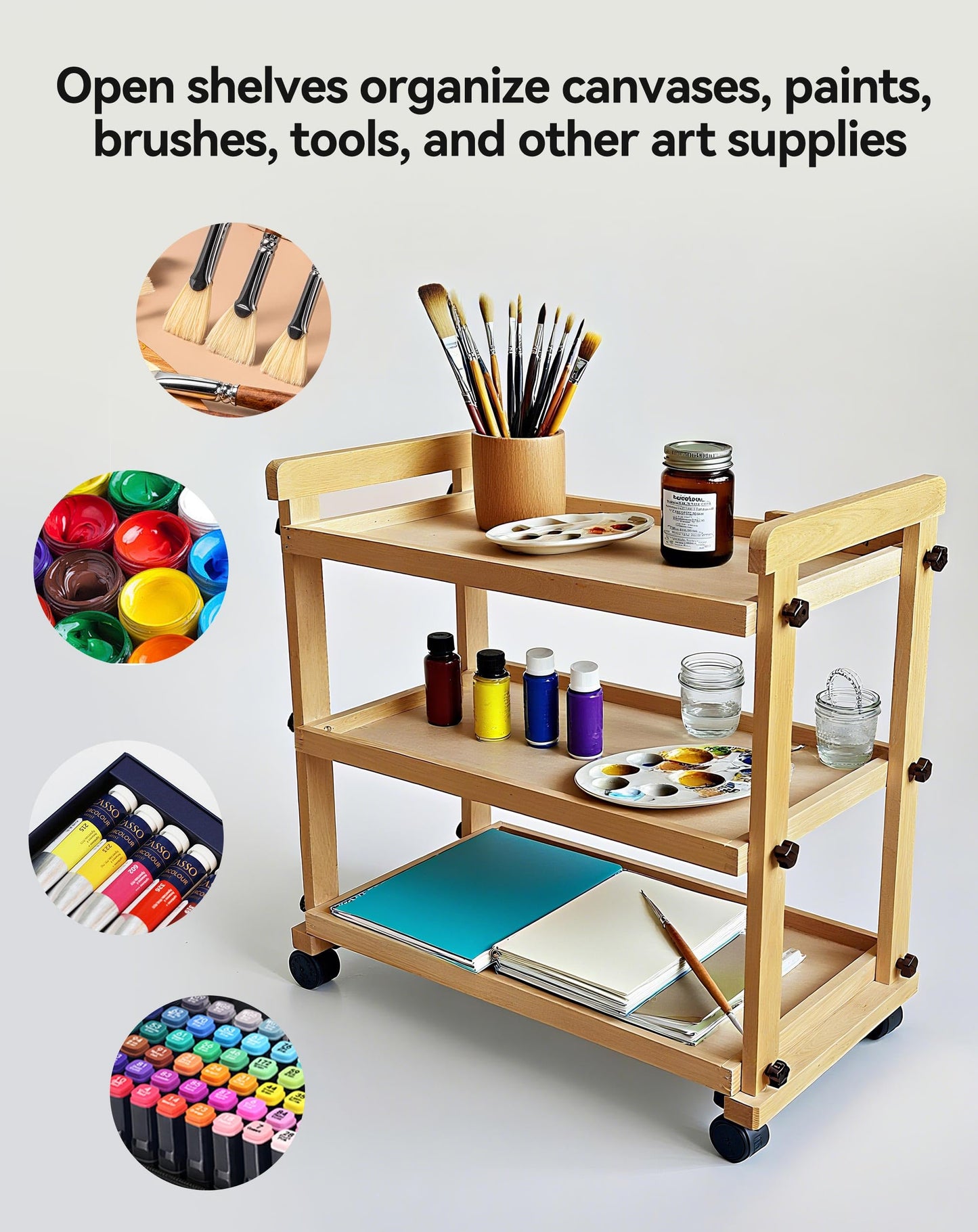 3-Tier Rolling Art Cart with Wheels, Solid Beechwood Studio Storage Organizer for Artists, Craft Supplies & Classroom