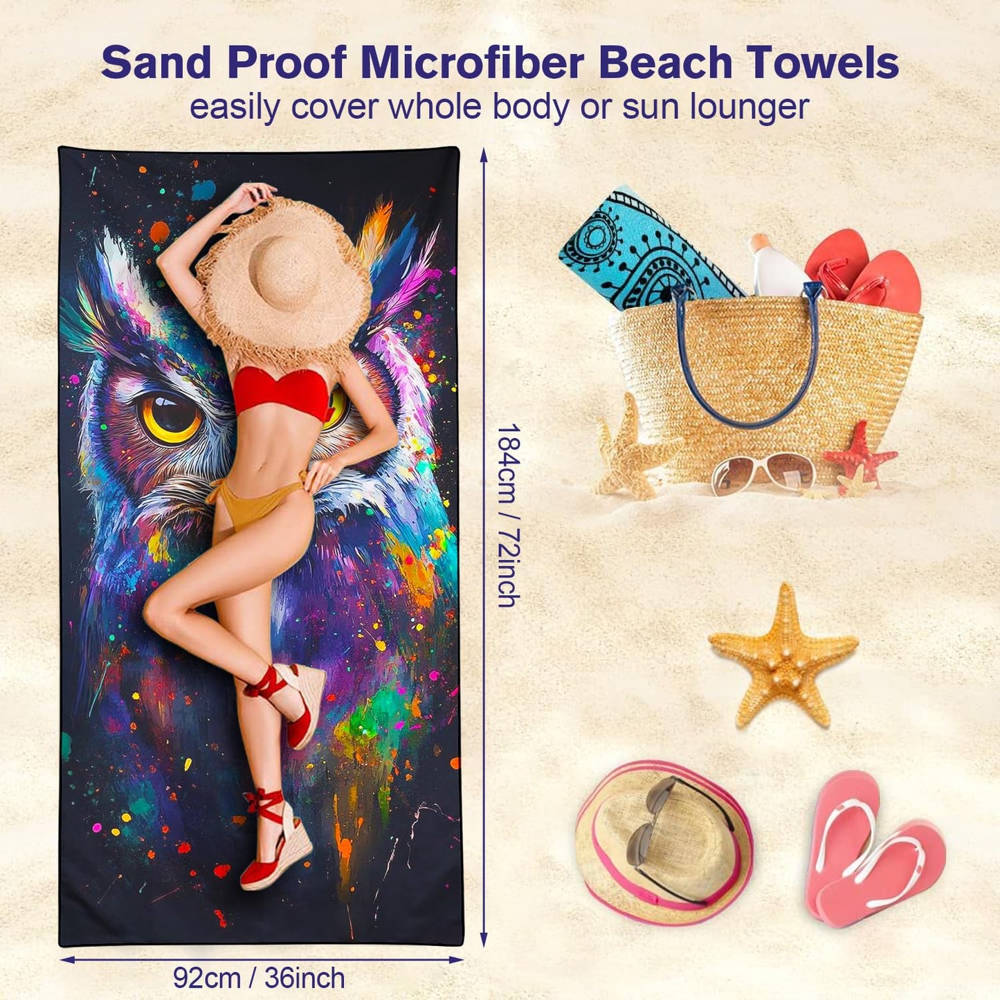 Violetpos Neon Owl Dragon Beach Towel, Extra Large 180x90 cm 250GSM Microfibre, Sand Free Quick Dry