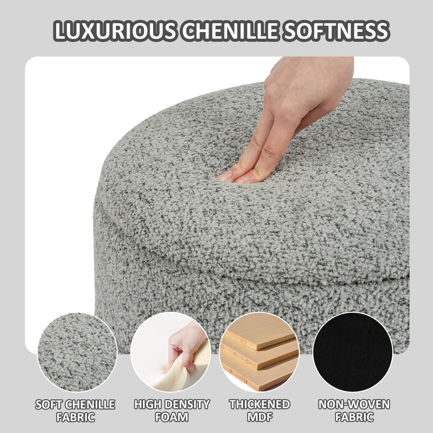 PINPLUS Round Chenille Storage Ottoman, Tray Top, 58x58x44 cm, Grey