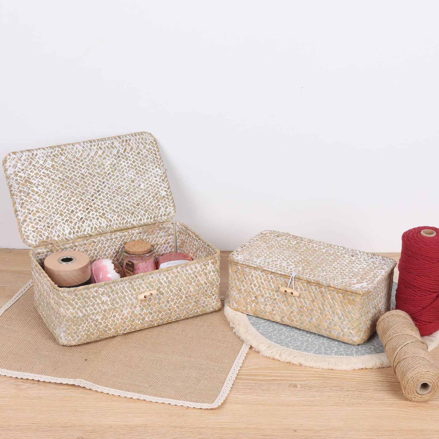 FEIALNDUO Wicker Shelf Baskets with Lid,Seagrass Storage Basket Bins Rectangular Handwoven Basket Boxes for Shelves Desktop Home Organizer